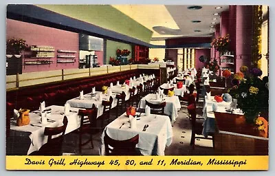 Davis Grill Meridian Mississippi Linen Postcard • $4.50