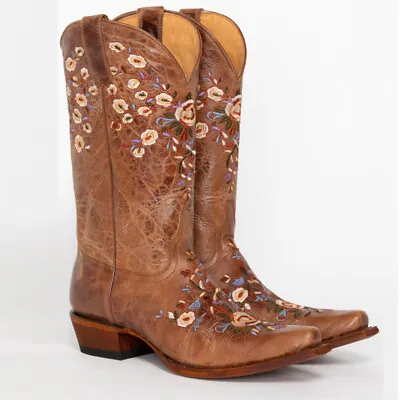 Womens Retro Embroidery Floral Pointed Toe Shoes Western Cowboy Mid Calf Boots • $88.07