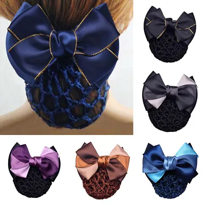 Women Satin Bow Hair Net Bun Snood With Bowknot Hair Cover Barrette Hair Clips • £2.39