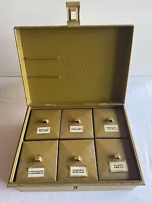 Vintage Kreamer Spice Tin Lock Box With 6 Small Labeled 7 Pcs Mustard Color MCM • $39.99