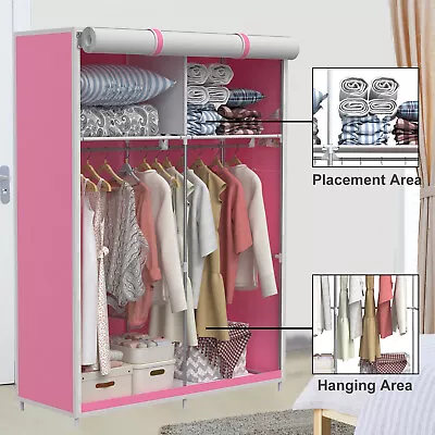 Fabric Canvas Wardrobe With Hanging Rail Shelving Pink Clothes Closet Storage UK • £16.99