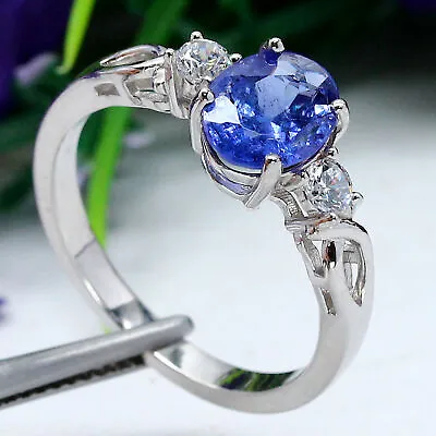 7 X 9 Mm. OVAL BLUE TANZANITE & WHITE Cubic Zirconia RING 925 STERLING SILVER • £123.20