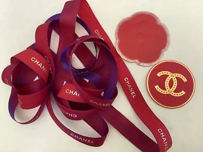 Chanel Red And Blue 2 Tone Ribbon 1.5m Silver Printing & 2 Red Gift Camellias🚗 • £4.95