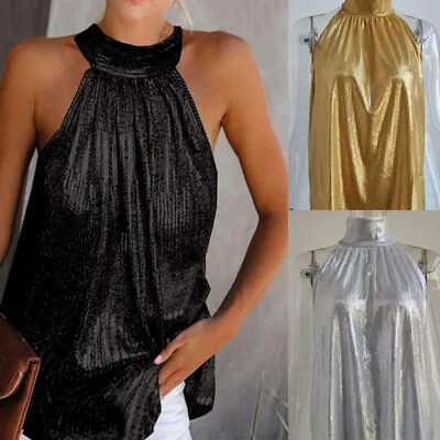 £11.52 • Buy Strappy Halter Neck Vest Evening Party Top Ladies Glitter Sleeveless Blouse