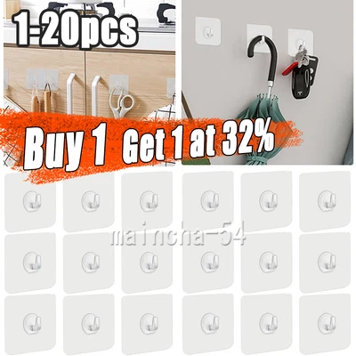 £0.99 • Buy 1-20 Self Adhesive Strong Sticky Hooks Heavy Duty Wall Seamless Transparent Hook