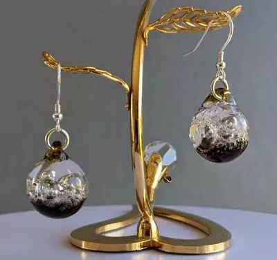 Handmade Shiny Murano Glass Earrings Brown Crystal Clear With Air Bubbles Inside • £28.99