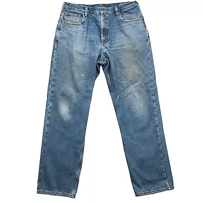 Carhartt Jeans Mens 38x34 Blue Fleece Lined Work Medium Wash Distressed B155 DST • $7.72