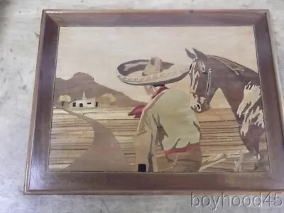 Vintage Wood Inlay Marquetry Picture--Mexican Vaquero/Cowboy With Horse--SIGNED • $35