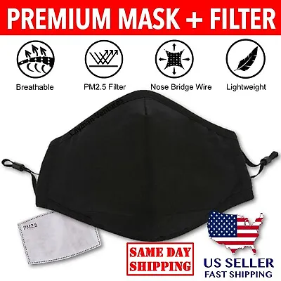 Reusable Washable Cotton Cloth Face Mask Cover + PM2.5 Carbon Filter (Black) • $4.99