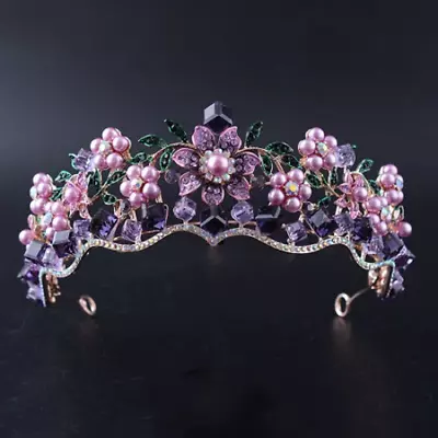 £44.94 • Buy Rose Gold Crown/tiara With Purple Flowers, Pearls & Crystals, Bridal Or Racingg