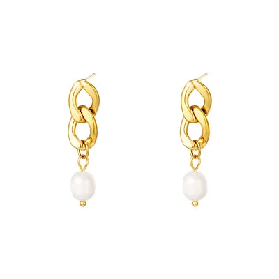 £14.99 • Buy 18ct Gold-Plated Double Chain Link Stud Earrings With Hanging Freshwater Pearl