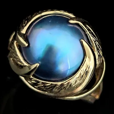 Vintage 13mm Blue Mabe Pearl 14k Yellow Gold Cocktail Statement Ring Estate Gift • $448