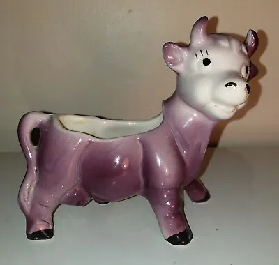 Vintage Kitsch Ceramic Purple Cow Planter Glazed Smiling • £19.03
