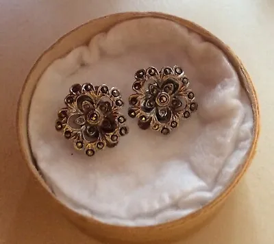 Vintage Marcasite Clip On Earrings Flower Shaped • £2.70