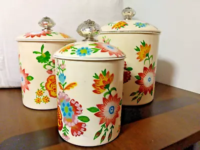 Pier One Imports Lexie Floral Metal Canisters W/ Mercury Glass Knobs Set Of 3 • $49.99