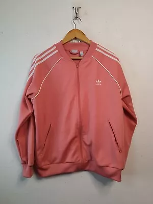 Adidas Jacket Womens Size Large Pink Full Zip Pockets Striped Embroidered • $14