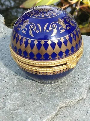 Vintage Cobalt Blue & Gold Gilt Este Lauder Porcelain Round Ball Keepsake Box • $24.95