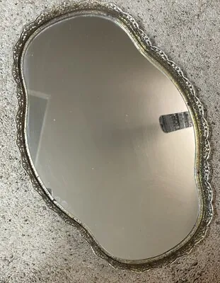 Vintage Victorian MCM Style Free Form Mirrored Vanity Tray Gold Tone Filigree • $17.75