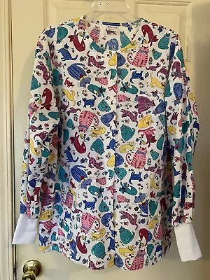 Barco Women's Scrub Jacket Large Cat Print Snap Warm-Up Medical Workwear Floral • $15.99