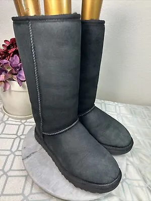 UGG Classic Tall #5815 Sheepskin Black Suede Leather Boots Women's EU 38 US 7 M • $39