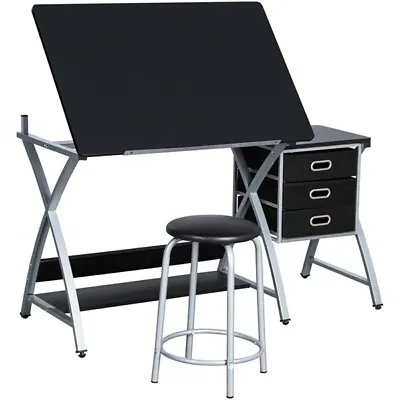 £69.99 • Buy Adjustable Drafting Table Drawing Station Desk Board Storage Drawers W/ Stool
