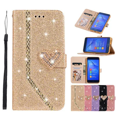 Bling Diamond Case & PU Leather Flip Cover For Huawei P8 P9 P20 Lite Mate 10 Pro • £8.99