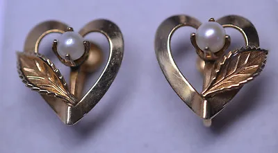 Vintage Van Dell Gold Filled Pearl Leaf Heart Screwback Earrings • $35