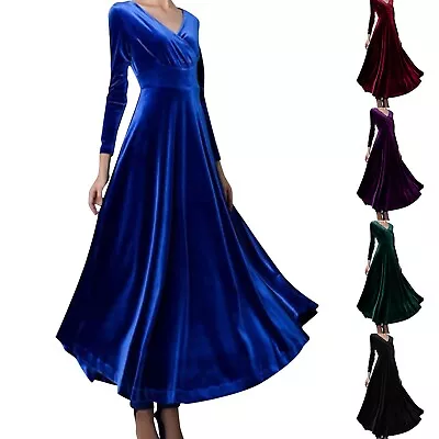 Womens Long Sleeve V Neck Gold Velvet Dress Loose Evening Dress Solid Maxi Dress • $29.42