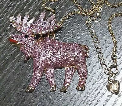 Eclectic Whimsical PINK MOOSE ELK CARIBOU Rhinestone Pendant Necklace  • $20