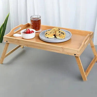 Bamboo Lap Tray Serving Tray With Folding Legs Breakfast Food Bed Tray Holder Uk • £14.99