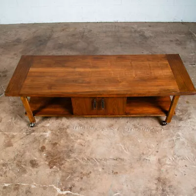 Mid Century Modern Coffee Table Lane Rolling Storage Walnut Sliding Door Vintage • $998.98