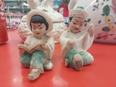 Vintage Japanese Figurines Girl Reading Boy Playing Instrument 3.5  Salt Dolls • $10