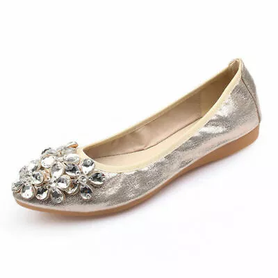 Ladies Sequin Bridesmaid Flat Pumps Women Diamante Soft Comfy Dance Shoes Size • $25.92