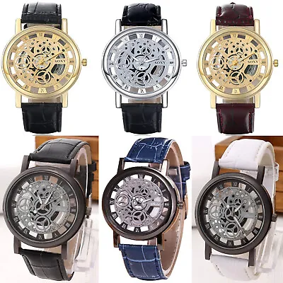 £7.99 • Buy Men's Wrist Watch Luxury Sport Steampunk Skeleton Transparent Case Leather Band