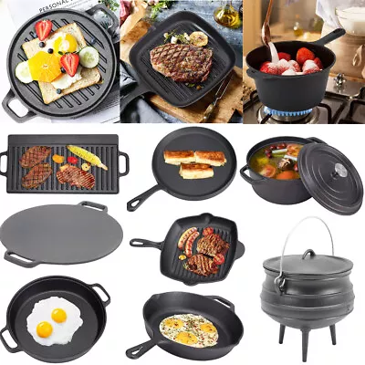 £16.95 • Buy Dutch Oven Cast Iron Camping Casserole Pots Stockpot Grill Pan Griddle Plate