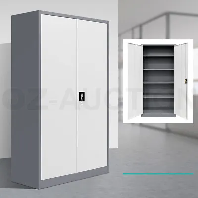 Filing Cabinet Steel Lockable Storage Cupboard W/4 Adjustable Shelves DK GY & WH • $289.95