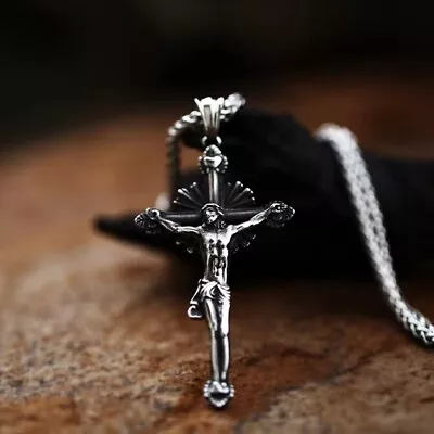 Mens Jesus Christ Crucifix Cross Pendant Lord's Prayer Necklace Stainless Steel • $10.99