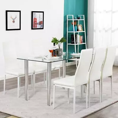 Modern 7 Piece Kitchen Dining Set Glass Metal Table And 6 PU Chair Breakfast • $230.98