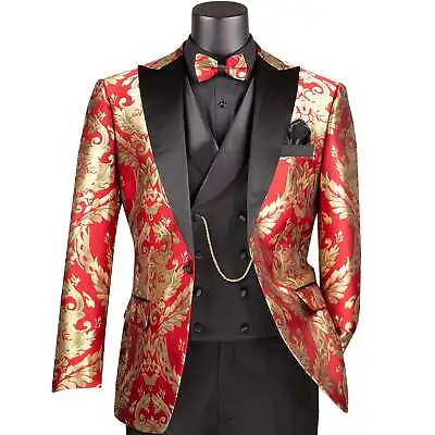 BIG & TALL VINCI Men's Red & Gold Modern Fit 3pc Tuxedo Suit W/ Bow-Tie NWT • $160