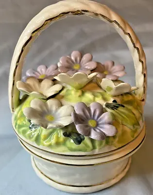 VINTAGE Ucagco JAPAN Ceramic Flower Basket Trinket Box With Handle 4 Inches High • $14.99