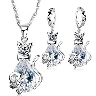 925 Sterling Silver Cute Cat Pendant Necklace Girls Earrings Women's Jewelry Set • $10