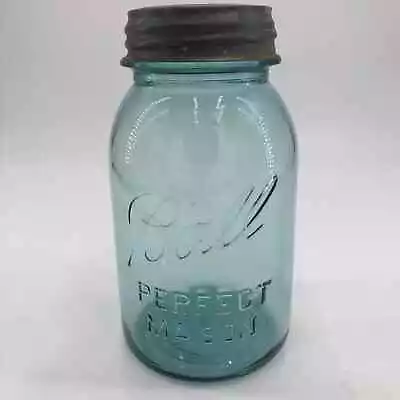 Vintage Ball Blue Glass Perfect Mason Canning Jar 1 Quart With Zinc Lid #6 • $11.48