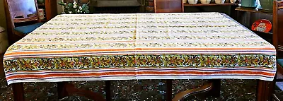 Vtg MCM Christmas Fall Tablecloth Homemade 52 X 58 Orange Stripes Leaves Berries • $10