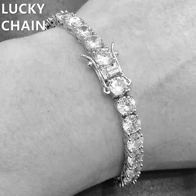 14K WHITE GOLD FINISH BLING OUT 1 ROW TENNIS LINK BRACELET 7.5  6MM 22g • $24.49