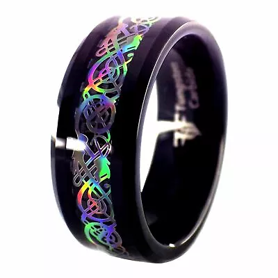 Black Tungsten Rainbow Hologram Style Celtic Dragon Ring Women Men Wedding Band • $39.99