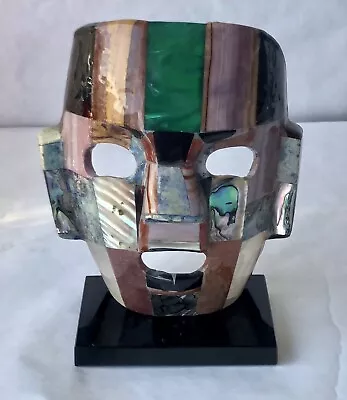Mayan Aztec Death Mask Mother Of Pearl Onyx Abalone Burial Sculpture Folk Art  • $49