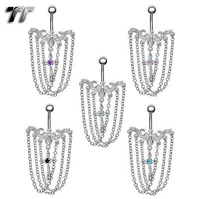 TT CZ Cross Chandelier Dangle Belly Bar Ring 5 Color Body Piecing (BL19) • £6.82