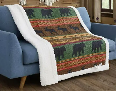 BEAR CANOE MOOSE LODGE PRESERVE QUILTED SHERPA SOFT THROW BLANKET 50x60 INCH • $39.95