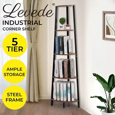 Levede 5 Tier Corner Shelf Industrial Ladder Shelf Wooden Storage Display Rack • $69.99