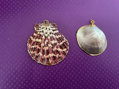 Set Of 2 Shell Seashell Scallop Mother Of Pear Clam Pendant Gold Dipped DN42 • $24